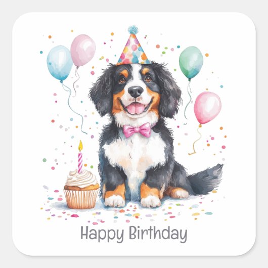 Happy Birthday Bernese Mountain Dog スクエアシール (正面)