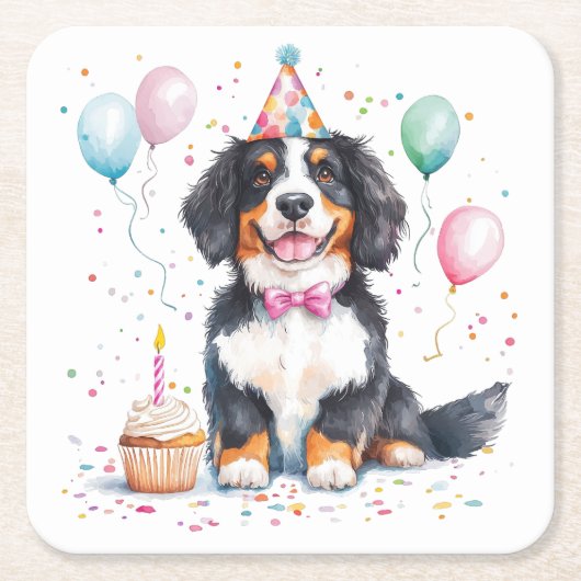 Happy Birthday Bernese Mountain Dog スクエアペーパーコースター (正面)