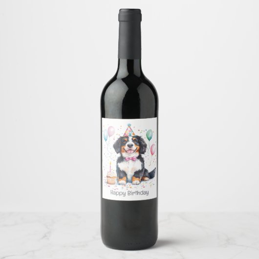 Happy Birthday Bernese Mountain Dog ワインラベル (正面)