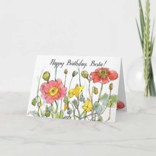 Happy Birthday Bestie Friend Poppy Wildflowers カード (正面)