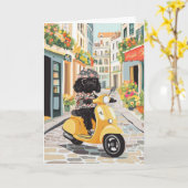 Happy Birthday Black Doodle Riding Scooter カード (黄色い花)