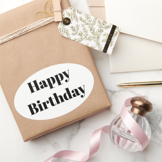 Happy Birthday Black White Minimalist Modern 2026 楕円形シール (ギフト)