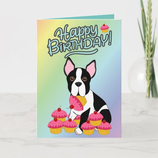 Happy Birthday! Boston Terrier Cupcakes Card カード (正面)
