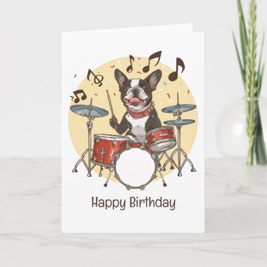 Happy Birthday Boston Terrier Dog Playing Drums カード (正面)