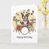 Happy Birthday Boston Terrier Dog Playing Drums カード (黄色い花)
