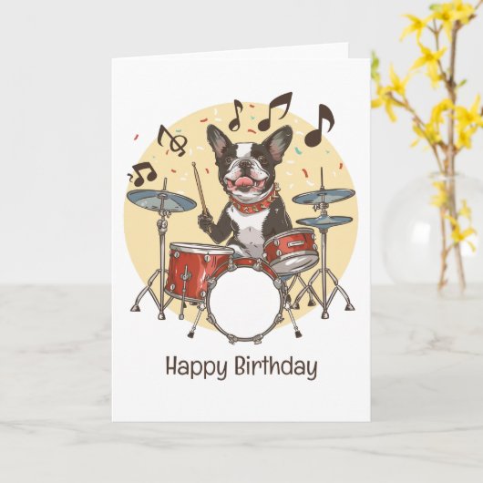 Happy Birthday Boston Terrier Dog Playing Drums カード (黄色い花)