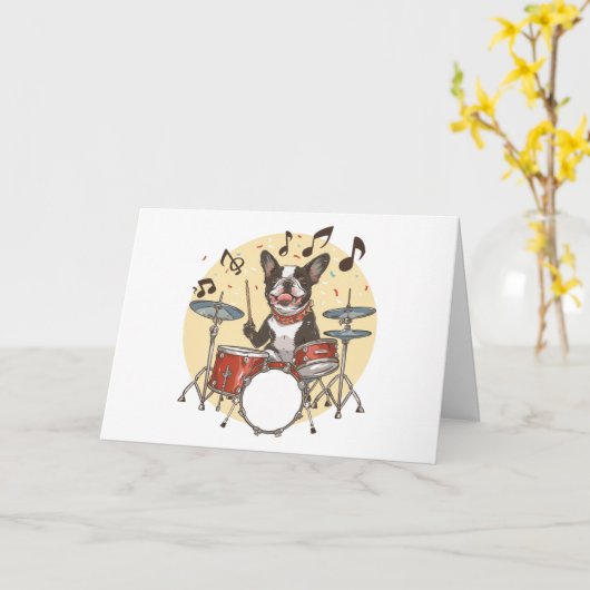 Happy Birthday Boston Terrier Dog Playing Drums カード (黄色い花)