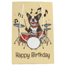 Happy Birthday Boston Terrier Dog Playing Drums ミディアムペーパーバッグ