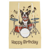 Happy Birthday Boston Terrier Dog Playing Drums ミディアムペーパーバッグ (裏面)