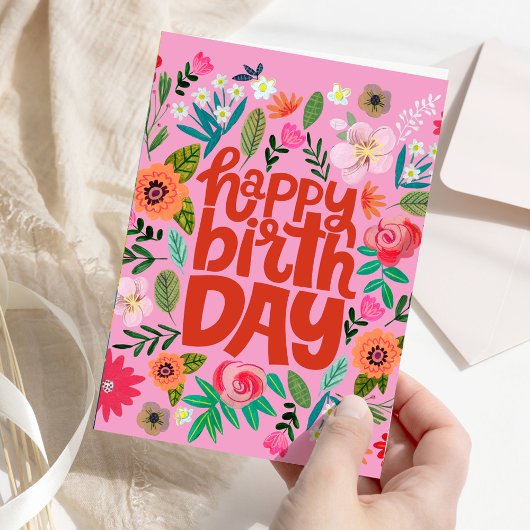 Happy Birthday Bright Floral Pink Garden Card カード