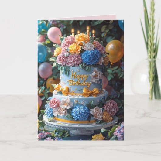 Happy Birthday Cake Candles Pretty Flowers Bows カード (正面)