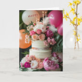 Happy Birthday Cake Pink Peonies Roses Feathers  カード (黄色い花)