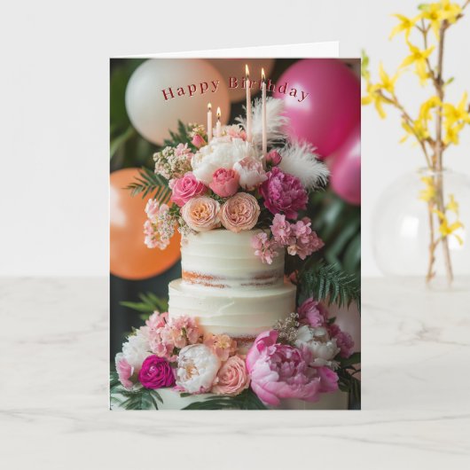 Happy Birthday Cake Pink Peonies Roses Feathers  カード (黄色い花)
