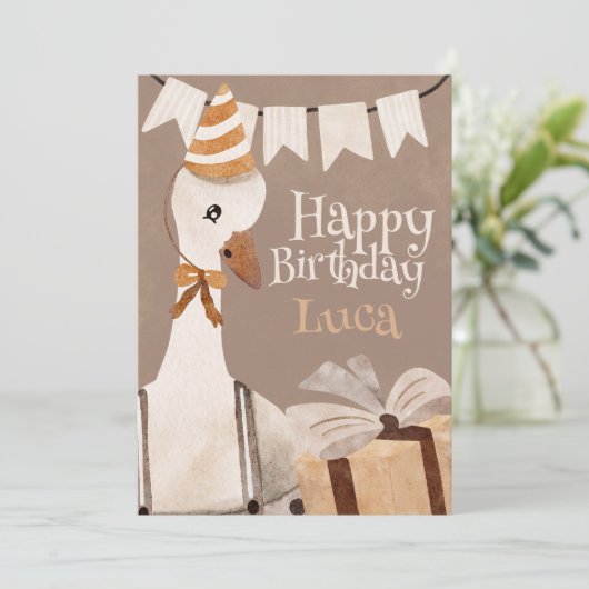 Happy Birthday Card Goose with birthday gift シーズンカード (スタンド正面)