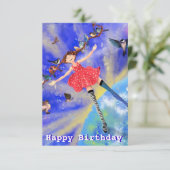 Happy Birthday Card - Happy Girl with Birds カード (スタンド正面)