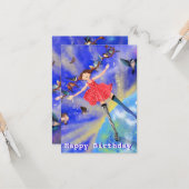 Happy Birthday Card - Happy Girl with Birds カード (正面/裏面インサイチュ)