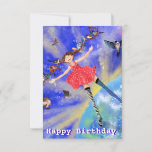 Happy Birthday Card - Happy Girl with Birds カード