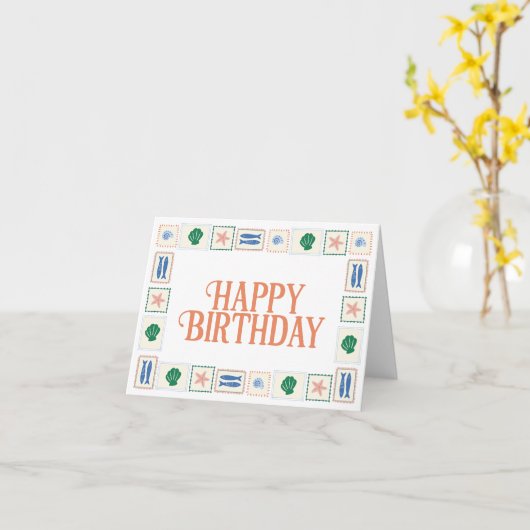 Happy Birthday Card with Seashell Border Coastal  カード (黄色い花)