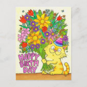 Happy Birthday Cat with Flowers  ポストカード (正面)