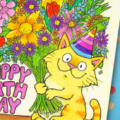 Happy Birthday Cat with Flowers  ポストカード