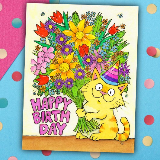 Happy Birthday Cat with Flowers  ポストカード