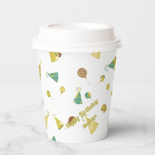 Happy Birthday Celebration Balloons & Hats Pattern 紙コップ (正面)