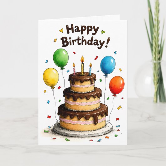 Happy Birthday Chocolate Cake Balloons カード (正面)