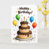 Happy Birthday Chocolate Cake Balloons カード (黄色い花)