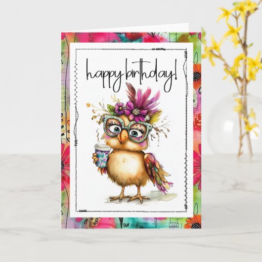 Happy Birthday Coffee Loving Chicken Card カード (黄色い花)