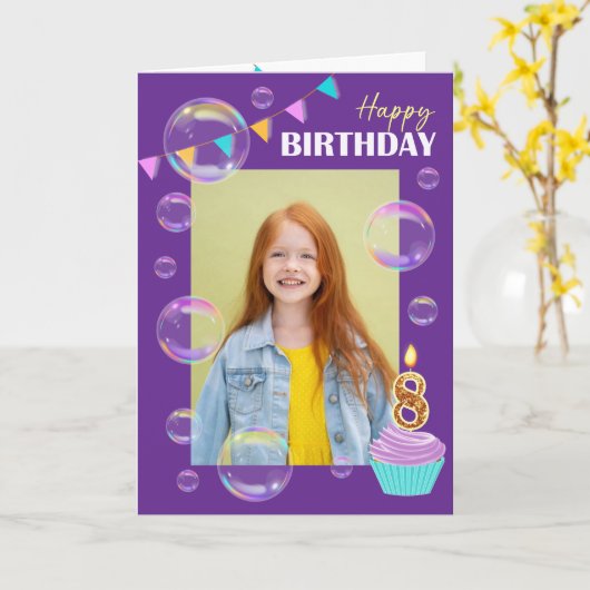 Happy Birthday Colorful Bubbles Bunting Purple カード (黄色い花)