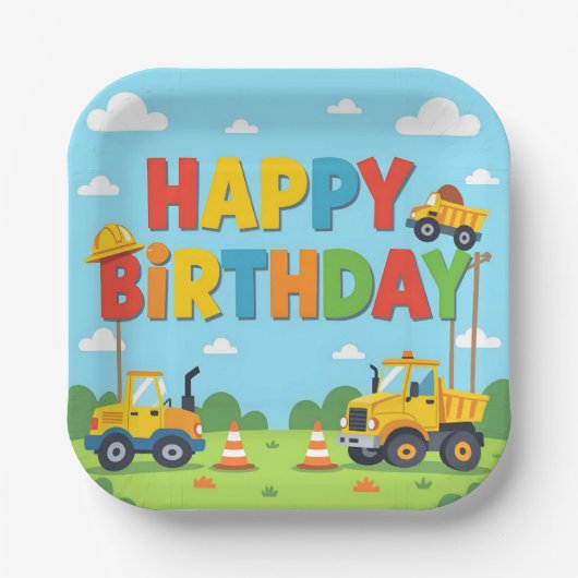 Happy birthday construction builder theme ペーパープレート (正面)