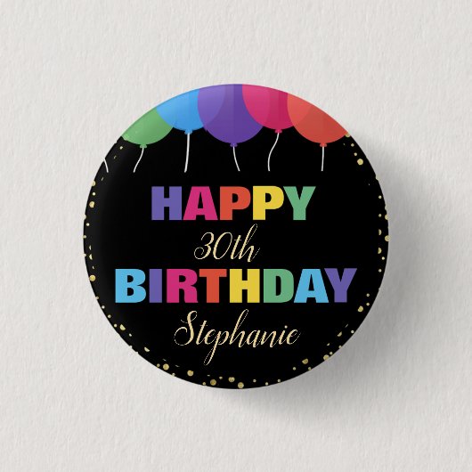 Happy Birthday Custom Year Name Colorful Balloons 缶バッジ (正面)