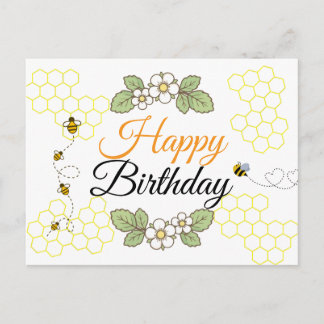 Happy birthday Cute bee Botanical  シーズンポストカード
