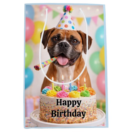 Happy Birthday Cute Boxer Dog  ミディアムペーパーバッグ (正面)