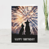 Happy Birthday Cute Cat Dog Fireworks カード (正面)