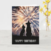 Happy Birthday Cute Cat Dog Fireworks カード (黄色い花)