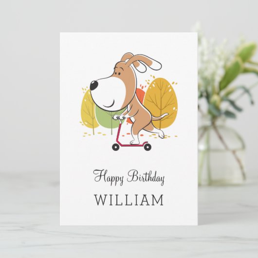 Happy Birthday Cute Dog Puppy Kick Scooter Card (スタンド正面)