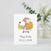 Happy Birthday Cute Funny Dog Puppy Kick Scooter ポストカード (スタンド正面)