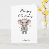 Happy birthday cute gray baby elephant namestylish カード (黄色い花)