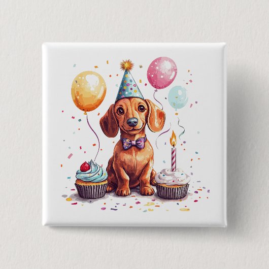 Happy Birthday Dachshund Dog  缶バッジ (正面)