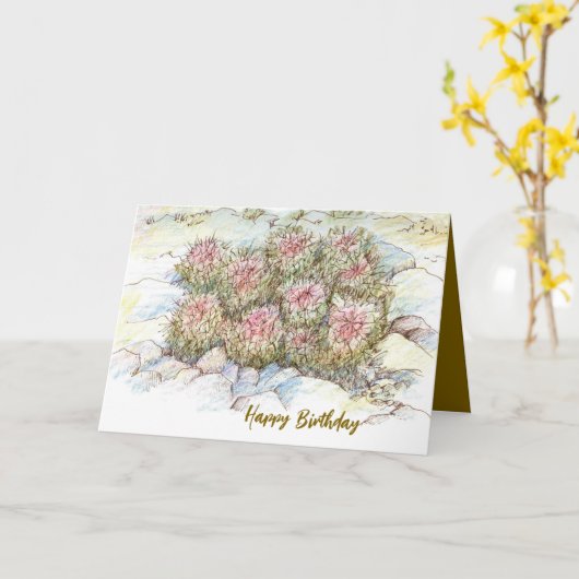 Happy Birthday Desert Cactus Landscape カード (黄色い花)