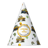 Happy Birthday Dynamic Duo Monster Truck Twin Boys パーティーハット (正面)