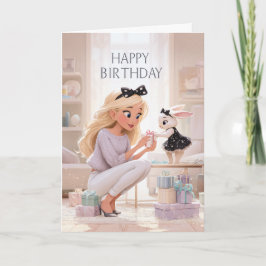 Happy Birthday Elegant Woman and Bunny Gift Giving カード