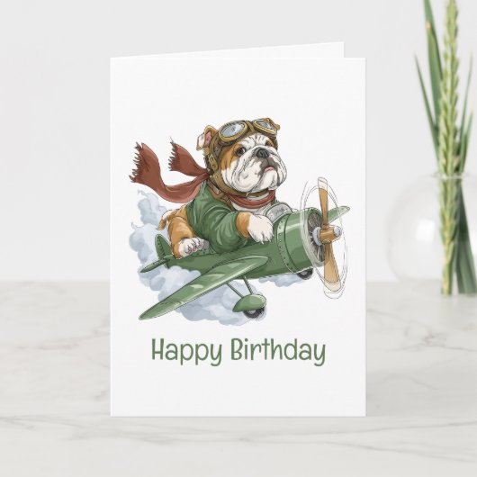 Happy Birthday English Bulldog Pilot Airplane カード (正面)