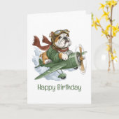 Happy Birthday English Bulldog Pilot Airplane カード (黄色い花)