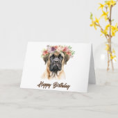 Happy Birthday English Mastiff Dog with Flowers カード (黄色い花)