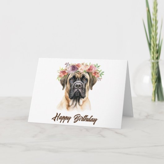 Happy Birthday English Mastiff Dog with Flowers カード (正面)