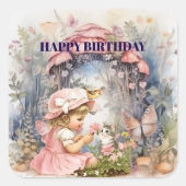Happy Birthday Fairy Vintage Girl Square Sticker スクエアシール (正面)
