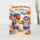 Happy birthday first born cute dinosaur and owl ca カード (正面)