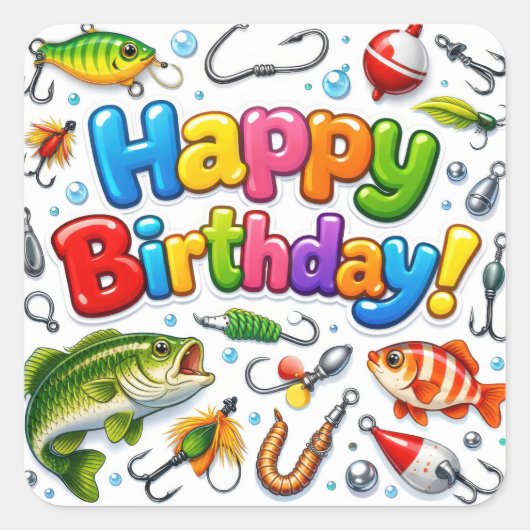 Happy Birthday Fish, Lures and Hooks スクエアシール (正面)
